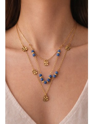 Karma Shop Tek Kolye ile 3'lü Şıklık Seti - Yonca Figürleri Doğal Taş Detayları