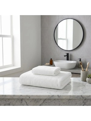 Qua Home 1 Adet Puff Serisi %100 Pamuk El ve Yüz Havlusu 50X90 & 1 Adet Banyo Havlusu Beyaz 70X140 cm