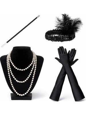 İlkyaz Fashion 1920’LER Çarliston Aksesuar Seti – Inci Kolye, Eldiven,  Tutucu, Siyah Saç Bandı