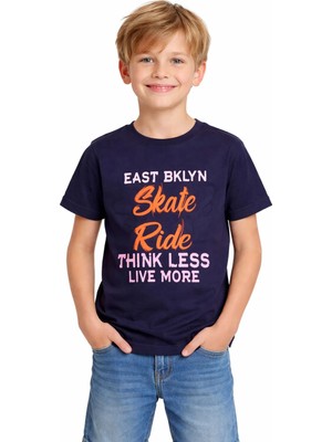 Alg Erkek Çocuk Skate Yazılı Kabartma Kaykay Desenli Lacivert Renk Tişört