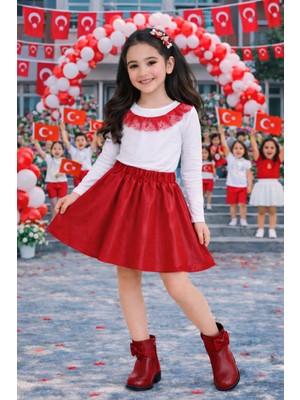 Herşey Nota Kız Çocuk Beyaz Uzun Kollu Body Kırmızı Fırfır Detaylı – Okul Etkinlik ve Bayram Tişörtü 3-14 Yaş