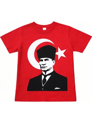 Herşey Nota Unisex Çocuk Atatürk Baskılı Tişört Kırmızı – 23 Nisan Okul Gösterisi 3-14 Yaş