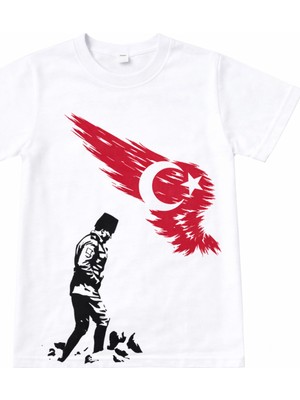 Herşey Nota Unisex Çocuk Türk Bayrak Desenli Tişört Beyaz – 23 Nisan Okul Gösterisi 3-14 Yaş