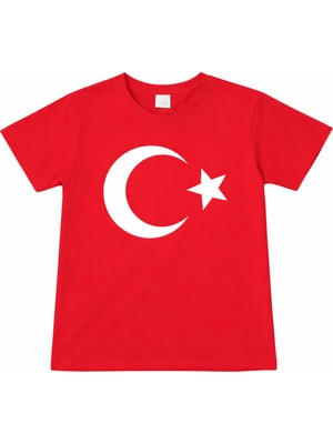 Herşey Nota Unisex Çocuk Ay Yıldız Türk Bayrak Desenli Kırmızı Tişört – 23 Nisan Okul Gösterisi 3-14 Yaş