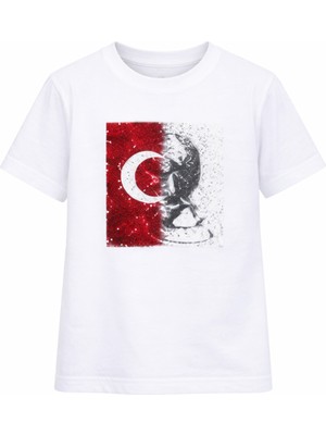 Herşey Nota Erkek Çocuk Atatürk Silüet Ay Yıldız Baskılı Beyaz Tişört Okul Bayram Etkinlik 3-14 Yaş