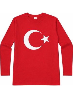 Herşey Nota Ay Yıldız Baskılı Uzun Kollu Kırmızı Çocuk Tişört – 23 Nisan Okul Gösterisi 3-14 Yaş