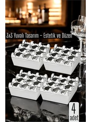 İlkyaz Fashion 4 Lü Metal Döküm Küllük – 3x3 Yuvalı, Krom , Modern ve Ağırlıklı Tasarım 722219 Ilkyaz-