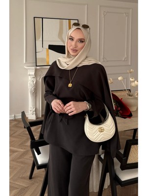 Molly Nelly Kadın Belden Bağlamalı Pelerin Detaylı Pantolonlu Tasarım Takım