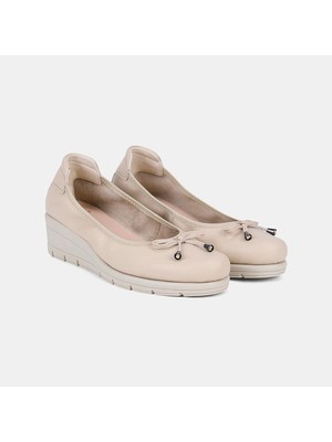 Kadın Bej Desacomfort Fiyonklu Dolgu Topuklu Deri Babet