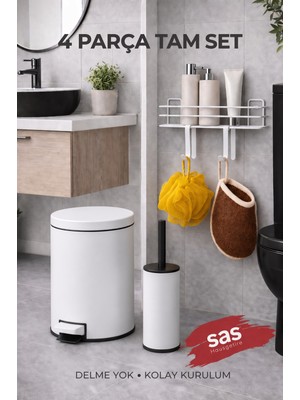 Sas Haus 4 Parça Banyo Aksesuar Seti Yapışkanlı Duvar Rafı 5 Lt Çöp Kovası Tuvalet Fırça Beyaz Titan 7104