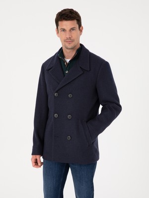 Cacharel Erkek Lacivert Slim Fit Yün Karışımlı Kruvaze Kaşe Kaban 50309909-VR033