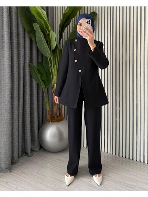 Molly Nelly Kadın Gold Asimetrik Düğmeli Ceketli Kemerli Şık Takım