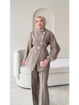 Molly Nelly Kadın Arkası Şal Detaylı Şık Kemerli Tunik Pantolon Takım