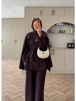 Molly Nelly Kadın Belden Bağlamalı Pelerin Detaylı Pantolonlu Tasarım Takım