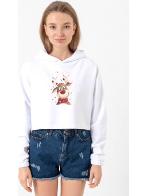 Tshirthane Watercolor Christmas Deer Beyaz Optik Kadın Crop Kapşonlu