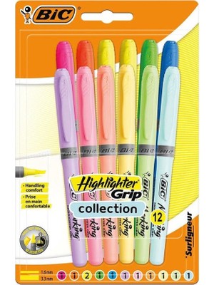 Bic Highlighter Grip 12 Renk Fosforlu Kalem Set Pastel + Canlı Renkler
