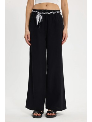 Tudors Kadın Relax Fit Rahat Kesim %100 Pamuk Beli Lastikli Fular Detaylı Çift Cepli Siyah Pantolon