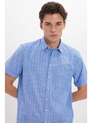 Tudors Erkek Regular Fit Klasik Kesim Oversize %100 Pamuk Keten Doku Tek Cepli Çizgili Kısa Kollu Saks Mavi Gömlek