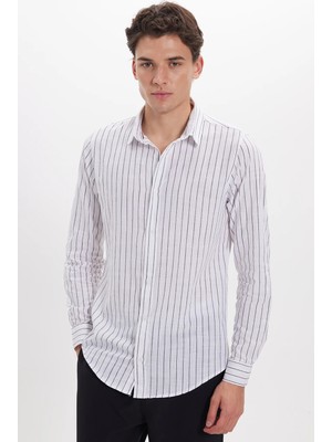 Tudors Erkek Slim Fit Dar Kesim Uzun Kollu %100 Pamuk Keten Doku Çizgili Gömlek