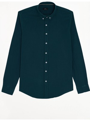 Tudors Erkek Slim Fit Dar Kesim %100 Pamuk Düğmeli Yaka Flam Keten Yeşil Gömlek