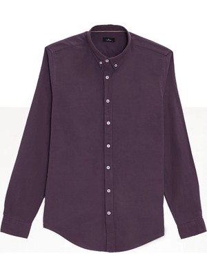 Tudors Erkek Slim Fit Dar Kesim %100 Pamuk Düğmeli Yaka Flam Keten Mor Gömlek