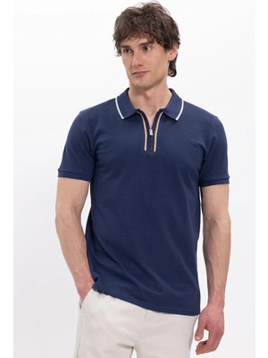 Tudors Erkek Slim Fit Dar Kesim %100 Pamuk Kısa Kollu Yarım Fermuarlı Lacivert Polo Yaka Tişört