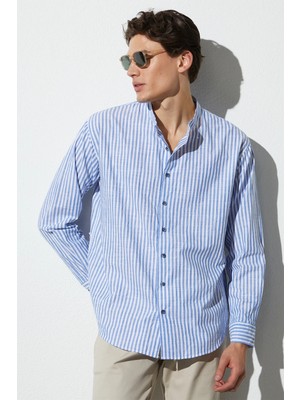 Tudors Erkek Relax Fit Rahat Kesim %100 Pamuk Çizgili Uzun Kollu Keten Efektli Hakim Yaka Saks Mavi Gömlek