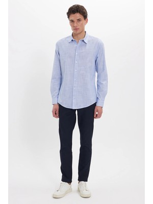 Tudors Erkek Slim Fit Dar Kesim %100 Pamuk Çizgili Uzun Kollu Keten Efektli Mavi Gömlek