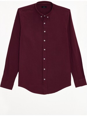 Tudors Erkek Slim Fit Dar Kesim %100 Pamuk Düğmeli Yaka Flam Keten Bordo Gömlek
