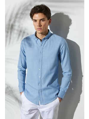 Tudors Erkek Slim Fit Dar Kesim %100 Pamuk Düğmeli Yaka Flam Keten Mavi Gömlek