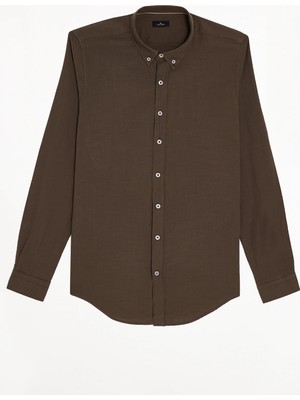 Tudors Erkek Slim Fit Dar Kesim %100 Pamuk Düğmeli Yaka Flam Keten Haki Gömlek