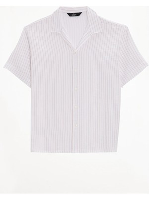 Tudors Erkek Relax Fit Rahat Kesim Kısa Kollu Çizgili Müslin Rahat Kumaş Bej Gömlek