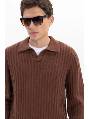 Tudors Erkek Standart Fit Normal Kesim Polo Yaka Kahverengi Kazak