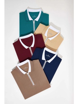 Tudors Erkek 5'li Paket Lacivert-Vişne-Vizon-Yeşil-Kum Slim Fit Dar Kesim Pamuklu Düz Fermuarlı Pike Polo Yaka Tişört