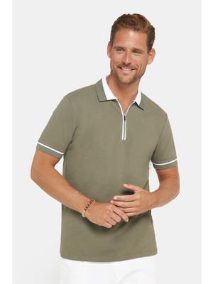 Tudors Erkek 5'li Paket Lacivert-Haki-Yeşil-Vizon-Gri Slim Fit Dar Kesim Pamuklu Düz Fermuarlı Pike Polo Yaka Tişört