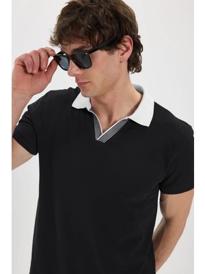 Tudors Erkek Slim Fit Dar Kesim %100 Pamuk Siyah Polo Yaka Tişört