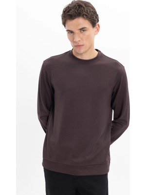 Tudors Erkek Standart Fit Normal Kesim Uzun Kollu Ekstra Soft Modal Kumaş Bisiklet Yaka Kahverengi Sweatshirt