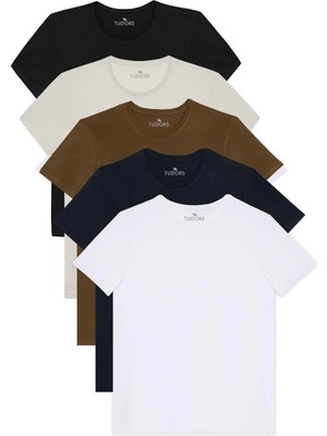 Tudors Unisex 5'li Paket Siyah-Beyaz-Taş-Lacivert-Haki Slim Fit Dar Kesim %100 Pamuk Bisiklet Yaka Tişört