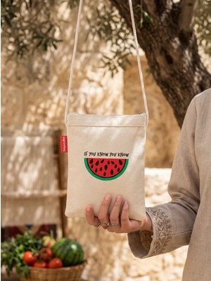 Zaytoon Geleneksel Filistin Yarım Karpuzlu "ıf You Know You Know" Dijital Baskılı Askılı Kanvas Bez Fermuarlı Çanta 18*25 cm