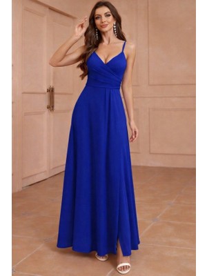 Livizmir Moda Kadın Ip Askılı Kruvaze Yakalı Yırtmaçlı Uzun Ithal Krep Elbise