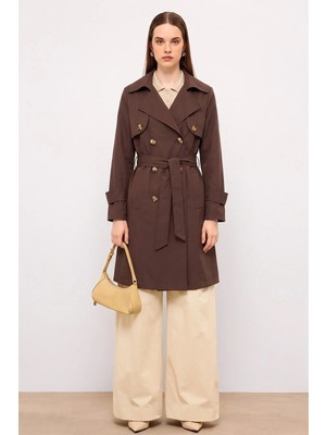 Olcay Pelerin Detaylı Yarıım Astarlı Büyük Beden Trençkot Kahve 6865