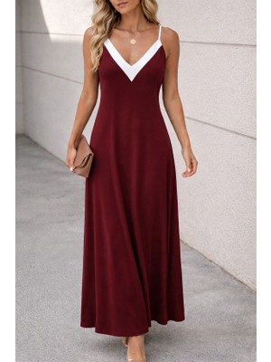 Flamex Kadın Ip Askılı Keskin V Yakalı Uzun Viskon Elbise