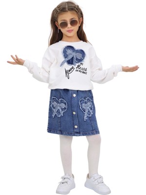 HaanBebe Kız Çocuk Denim Detaylı Sweatshirt ve Kot Etek Ikili Takım