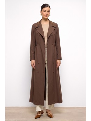 Olcay Işleme Detaylı Beli Lastikli Astarsız Uzun Trençkot Kahve 6853