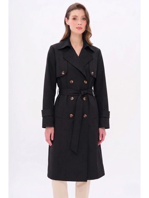 Olcay Pelerin Detaylı Yarıım Astarlı Büyük Beden Trençkot Siyah 6865