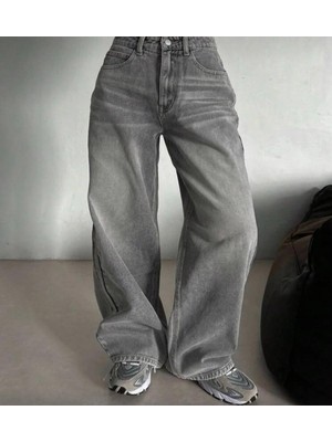 Butik Yıkamalı Gri Retro Baggy Jean Pantolon