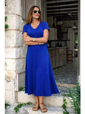 Livizmir Moda Kadın Kısa Kollu V Yakalı Yırtmaçlı Midi Viskon Elbise