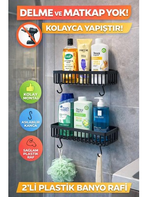 Ikili Yapışkanlı Siyah Banyo Düzenleyici Köşe Rafı, Duşakabin Içi Plastik Şampuanlık Organizer