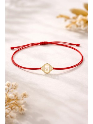 Nereze 925 Ayar Gümüş Gold Kırmızı Ipli Kök Çakra Makrome Bileklik