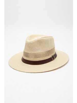 Mollycrush Erkek Tokalı Kemer ve File Detaylı Yazlık Hasır Panama Şapka - Plaj ve Günlük Siyah Fötr Ş